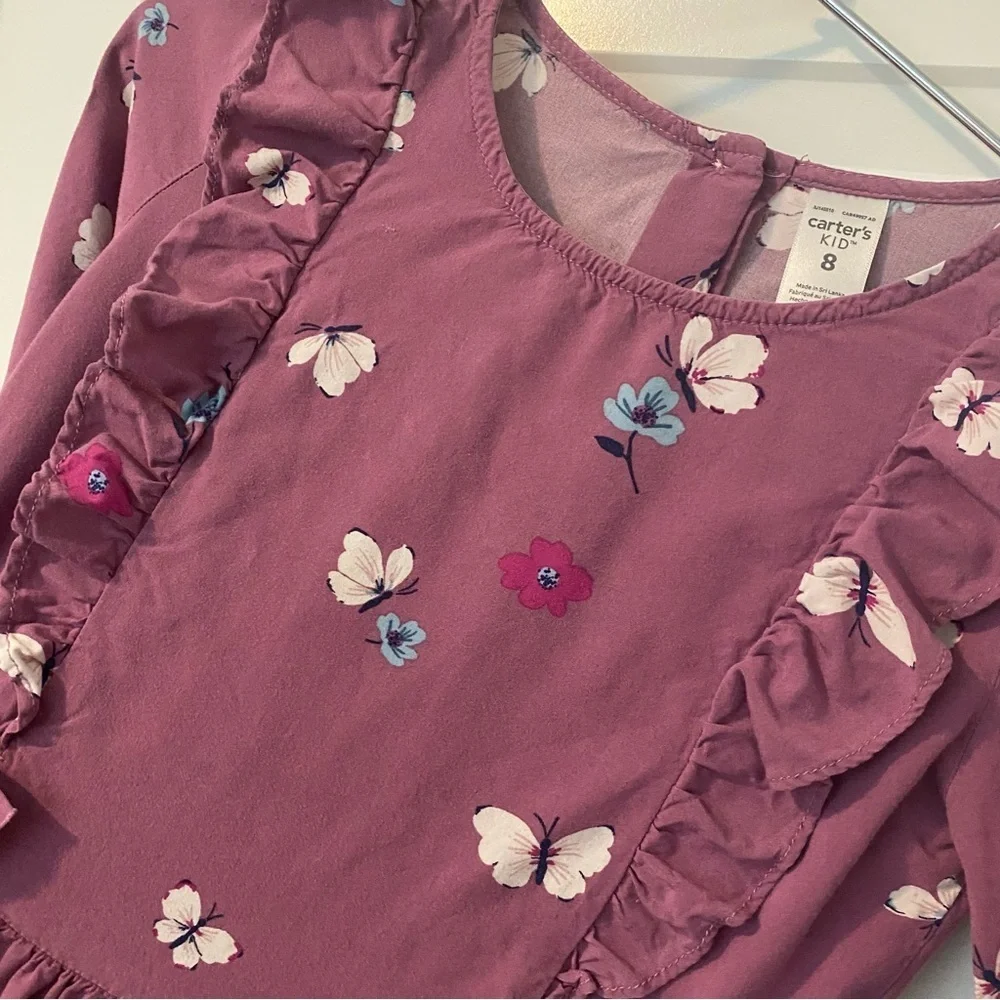Carter's Purple Plum Ruffle Dress with Butterfly Floral Print Size 8